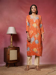 Neck Embroidered Cotton Blend Kurta With Pants