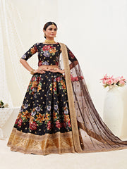 Floral Print Unstitched Lehenga Choli in Black with Embroidered Net Dupatta