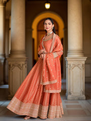 Banarsi Weave Tissue Kurta With Legging & Dupatta