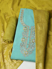 Embroidered Chanderi Sea Green Unstitched Suit With Pant & Dupatta