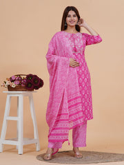 Printed Cotton Blend Kurta With Pants & Dupatta