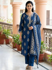 Printed Cotton Blend Kurta With Pant & Dupatta