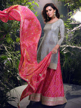 Embroidered Chinon Suit With Plazzo & Dupatta
