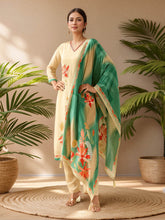 Neck Embroidery Crepe Kurta With Pants & Dupatta