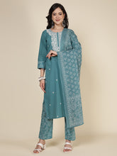 Embroidered Cotton Blend Kurta With Pants & Dupatta