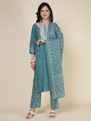 Embroidered Cotton Blend Kurta With Pants & Dupatta
