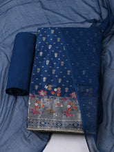 Woven Design Chanderi Navy Blue Unstitched Suit With Pant & Dupatta