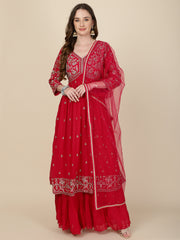 Zari Embroidered Booti Georgette Kurta With Palazzo & Dupatta