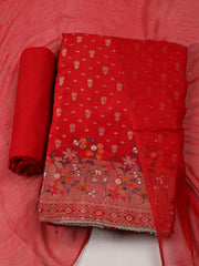 Woven Design Chanderi Red Unstitched Suit With Pant & Dupatta