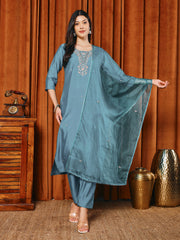 Embroidered Muslin Kurta With Pants & Dupatta
