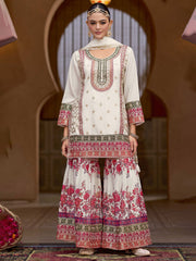 Embroidered Chinon Kurti With Plazzo & Dupatta