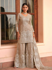 Embroidered Tora Silk Kurti With Gharara & Dupatta