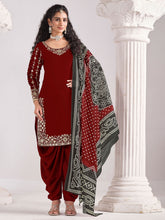 Embroidered Art Silk Semi Stitched Kurta With Patiala Salwar & Dupatta