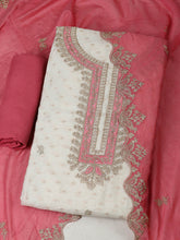 Embroidered Chanderi Cream-Pink Unstitched Suit With Pant & Dupatta