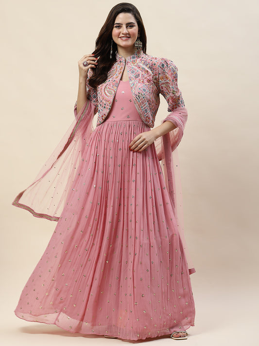 Resham Sequin Embroidery Georgette Gown Dress With Jacket