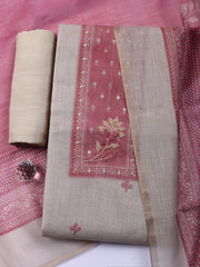 Embroidered Linen Blend Unstitched Suit With Pant Dupatta