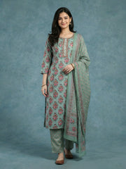 Printed Cotton Blend Kurta With Pant & Dupatta
