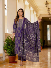Printed Cotton Blend Kurta With Pants & Dupatta