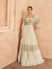 Zari Stone Embroidered Chinon Square Neck Kurta Cotton And Lehenga