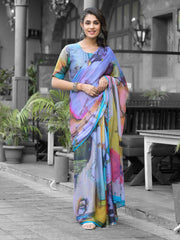 Printed Georgette Readymade Saree With Stitched Blouse