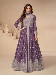 Embroidered Chinon Silk Gown With Plazzo & Dupatta