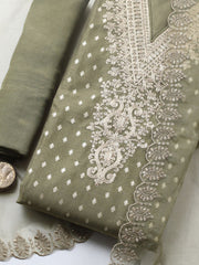 Embroidered Chanderi Unstitched Suit With Pant & Dupatta