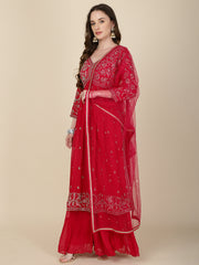 Zari Embroidered Booti Georgette Kurta With Palazzo & Dupatta