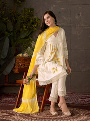 Embroidered Cotton Kurta With Pant & Dupatta