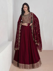 Embroidered Silk A Line Gown With Dupatta
