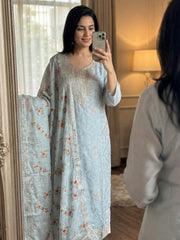 Embroidered Cotton Blend Kurta With Pant & Dupatta