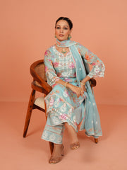 Digital Floral Printed Organza Kurta With Pants & Dupatta