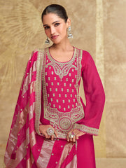 Embroidered Chinon Silk Kurta With Skirt & Dupatta