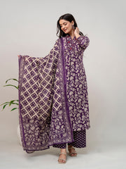 Floral Parinted Cotton Kurta With Pants & Dupatta