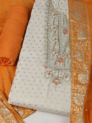 Embroidered Chanderi Cream-Orange Unstitched Suit With Pant & Dupatta