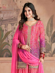 Embroidered Chinon Kurti With Plazzo & Dupatta