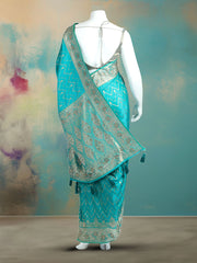Woven Design & Embellished Border Satin Rama Green Saree