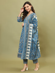 Floral Printed Cotton Blend Blue Suit With Pant & Dupatta
