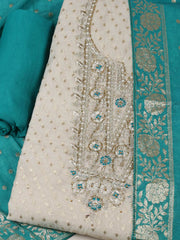 Embroidered Chanderi Cream-Lake Blue Unstitched Suit With Pant & Dupatta
