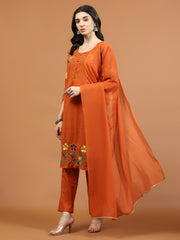 Embroidered Cotton Blend Kurta With Pants & Dupatta