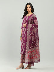 Printed Cotton Blend Kurta With Pants & Dupatta