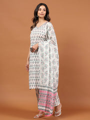 Printed Cotton Blend Kurta With Pants & Dupatta