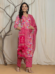 Printed Cotton Blend Kurta With Pants & Dupatta