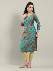 Printed Neck Embroidered Muslin Kurta