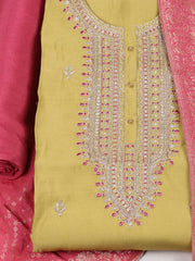 Embroidered Chanderi Mehndi Unstitched Suit With Pant & Dupatta