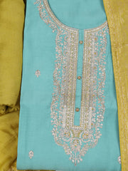Embroidered Chanderi Sea Green Unstitched Suit With Pant & Dupatta