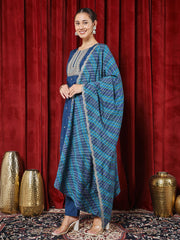 Printed Chanderi Kurta With Pants & Dupatta
