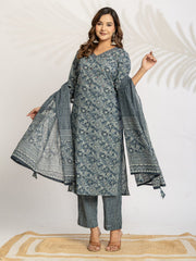 Embroidered Cotton Blend Kurta With Pant & Dupatta
