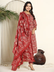 Printed Cotton Blend Kurta With Pants & Dupatta