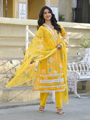 Printed Cotton Blend Kurta With Pants & Dupatta