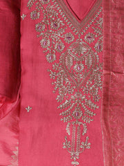 Embroidered Chanderi Pink Unstitched Suit With Pant & Dupatta